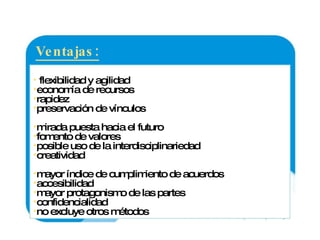 Ventajas: flexibilidad y agilidad economía de recursos rapidez preservación de vínculos mirada puesta hacia el futuro fomento de valores posible uso de la interdisciplinariedad creatividad mayor índice de cumplimiento de acuerdos accesibilidad mayor protagonismo de las partes confidencialidad no excluye otros métodos 