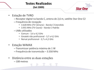 • Estação de TVRO
– Receptor digital na banda C, antena de 2,6 m, satélite Star One C2
– Frequência de recepção
• 3.628 MHz (TV Câmara) – Banda C Estendida
• 3.955 MHz (TV Ceará) – Banda C Padrão
– LNBs utilizados
• Comum - 3,4 a 4,2 GHz
• Greatek não profissional - 3,7 a 4,2 GHz
• Norsat profissional - 3,7 a 4,2 GHz
• Estação WiMAX
– Transmissor potência máxima de 1 W
– Frequência de transmissão – 3.550 MHz
• Distância entre as duas estações
– 100 metros
Testes Realizados
(Set 2009)
 