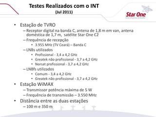 • Estação de TVRO
– Receptor digital na banda C, antena de 1,8 m em van, antena
doméstica de 1,7 m, satélite Star One C2
– Frequência de recepção
• 3.955 MHz (TV Ceará) – Banda C
– LNBs utilizados
• Profissional - 3,4 a 4,2 GHz
• Greatek não profissional - 3,7 a 4,2 GHz
• Norsat profissional - 3,7 a 4,2 GHz
– LNBfs utilizados
• Comum - 3,4 a 4,2 GHz
• Greatek não profissional - 3,7 a 4,2 GHz
• Estação WiMAX
– Transmissor potência máxima de 5 W
– Frequência de transmissão – 3.550 MHz
• Distância entre as duas estações
– 100 m e 350 m
Testes Realizados com o INT
(Jul 2011)
 