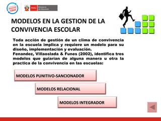 MODELOS EN LA GESTION DE LA
CONVIVENCIA ESCOLAR
Toda acción de gestión de un clima de convivencia
en la escuela implica y requiere un modelo para su
diseño, implementación y evaluación.
Fenandez, Villaoslada & Funes (2002), identifica tres
modelos que guiarían de alguna manera u otra la
practica de la convivencia en las escuelas:


 MODELOS PUNITIVO-SANCIONADOR

           MODELOS RELACIONAL


                      MODELOS INTEGRADOR
 
