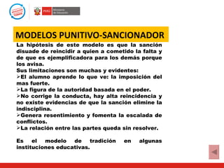 MODELOS PUNITIVO-SANCIONADOR
La hipótesis de este modelo es que la sanción
disuade de reincidir a quien a cometido la falta y
de que es ejemplificadora para los demás porque
los avisa.
Sus limitaciones son muchas y evidentes:
El alumno aprende lo que ve: la imposición del
mas fuerte.
La figura de la autoridad basada en el poder.
No corrige la conducta, hay alta reincidencia y
no existe evidencias de que la sanción elimine la
indisciplina.
Genera resentimiento y fomenta la escalada de
conflictos.
La relación entre las partes queda sin resolver.

Es    el  modelo   de    tradición   en   algunas
instituciones educativas.
 