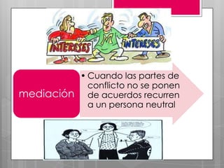 mediación

• Cuando las partes de
conflicto no se ponen
de acuerdos recurren
a un persona neutral

 