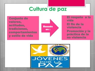 Cultura de paz
Conjunto de
valores,
actitudes,
tradiciones,
comportamientos
y estilo de vida

Basado
en :

El respeto a la
vida
El fin de la
violencia
Promoción y la
práctica de la
no violencia

 