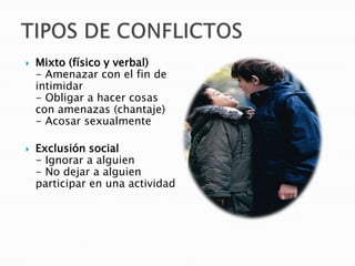 TIPOS DE CONFLICTOSMixto (físico y verbal)- Amenazar con el fin de intimidar- Obligar a hacer cosas con amenazas (chantaje)- Acosar sexualmenteExclusión social- Ignorar a alguien- No dejar a alguien participar en una actividad 