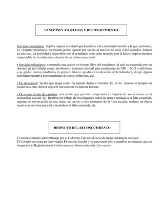 SANCIONES ASOCIADAS Y RECONOCIMIENTO




Servicio comunitario: implica alguna actividad que beneficie a la comunidad escolar a la que pertenece.
Ej.: Reparar mobiliario, hermosear jardín, ayudar por un día al auxiliar de patio o del comedor, limpiar
su sala, etc. La actividad a desarrollar por el estudiante debe tener relación con la falta e implica hacerse
responsable de su infracción a través de un esfuerzo personal.

• Servicio pedagógico: contempla una acción en tiempo libre del estudiante, el cual es asesorado por un
docente en actividades como: recolectar o elaborar material para estudiantes de NB1 – NB2 o inferiores
a su grado; marcar cuadernos en primero básico, ayudar en la atención de la biblioteca, dirigir alguna
actividad recreativa con estudiantes de cursos inferiores, etc.

• De reparación: acción que tenga como fin reparar daños a terceros. Ej. Si un alumno le rompió un
cuaderno a otro, deberá copiarle nuevamente la materia faltante.

• De recuperación de estudios: una acción que permita comprender el impacto de sus acciones en la
comunidad escolar. Ej.: Realizar un trabajo de investigación sobre un tema vinculado a la falta cometida,
registro de observación de una clase, un recreo u otro momento de la vida escolar, realizar un diario
mural con un tema que esté vinculado a la falta cometida, etc.




                             RESPECTO DEL RECONOCIMIENTO


El reconocimiento será realizado por el Gobierno Escolar al curso de mejor asistencia mensual.
El Colegio participa en Actividades Extensión Escolar y se autorizará solo a aquellos estudiantes que no
trasgredan el Reglamento de Convivencia en forma reiterada (tres veces).
 