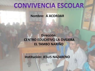 Institución: JESUS NAZARENO
Nombre: A ACORDAR
Dirección:
CENTRO EDUCATIVO LA OVEJERA
EL TAMBO NARIÑO
 