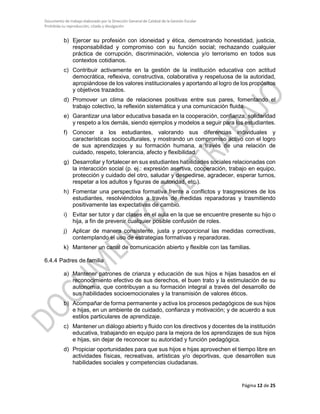 Documento de trabajo elaborado por la Dirección General de Calidad de la Gestión Escolar
Prohibida su reproducción, citado y divulgación
b) Ejercer su profesión con idoneidad y ética, demostrando honestidad, justicia,
responsabilidad y compromiso con su función social; rechazando cualquier
práctica de corrupción, discriminación, violencia y/o terrorismo en todos sus
contextos cotidianos.
c) Contribuir activamente en la gestión de la institución educativa con actitud
democrática, reflexiva, constructiva, colaborativa y respetuosa de la autoridad,
apropiándose de los valores institucionales y aportando al logro de los propósitos
y objetivos trazados.
d) Promover un clima de relaciones positivas entre sus pares, fomentando el
trabajo colectivo, la reflexión sistemática y una comunicación fluida.
e) Garantizar una labor educativa basada en la cooperación, confianza, solidaridad
y respeto a los demás, siendo ejemplos y modelos a seguir para los estudiantes.
f) Conocer a los estudiantes, valorando sus diferencias individuales y
características socioculturales, y mostrando un compromiso activo con el logro
de sus aprendizajes y su formación humana, a través de una relación de
cuidado, respeto, tolerancia, afecto y flexibilidad.
g) Desarrollar y fortalecer en sus estudiantes habilidades sociales relacionadas con
la interacción social (p. ej.: expresión asertiva, cooperación, trabajo en equipo,
protección y cuidado del otro, saludar y despedirse, agradecer, esperar turnos,
respetar a los adultos y figuras de autoridad, etc.).
h) Fomentar una perspectiva formativa frente a conflictos y trasgresiones de los
estudiantes, resolviéndolos a través de medidas reparadoras y trasmitiendo
positivamente las expectativas de cambio.
i) Evitar ser tutor y dar clases en el aula en la que se encuentre presente su hijo o
hija, a fin de prevenir cualquier posible confusión de roles.
j) Aplicar de manera consistente, justa y proporcional las medidas correctivas,
contemplando el uso de estrategias formativas y reparadoras.
k) Mantener un canal de comunicación abierto y flexible con las familias.
6.4.4 Padres de familia
a) Mantener patrones de crianza y educación de sus hijos e hijas basados en el
reconocimiento efectivo de sus derechos, el buen trato y la estimulación de su
autonomía, que contribuyan a su formación integral a través del desarrollo de
sus habilidades socioemocionales y la transmisión de valores éticos.
b) Acompañar de forma permanente y activa los procesos pedagógicos de sus hijos
e hijas, en un ambiente de cuidado, confianza y motivación; y de acuerdo a sus
estilos particulares de aprendizaje.
c) Mantener un diálogo abierto y fluido con los directivos y docentes de la institución
educativa, trabajando en equipo para la mejora de los aprendizajes de sus hijos
e hijas, sin dejar de reconocer su autoridad y función pedagógica.
d) Propiciar oportunidades para que sus hijos e hijas aprovechen el tiempo libre en
actividades físicas, recreativas, artísticas y/o deportivas, que desarrollen sus
habilidades sociales y competencias ciudadanas.
Página 12 de 25
 