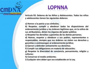 Artículo 93. Deberes de los Niños y Adolescentes. Todos los niños
y adolescentes tienen los siguientes deberes:

a) Honrar a la patria y sus símbolos;
b) Respetar, cumplir y obedecer todas las disposiciones del
ordenamiento jurídico y las órdenes legítimas que, en la esfera de
sus atribuciones, dicten los órganos del poder público;
c) Respetar los derechos y garantías de las demás personas;
d) Honrar, respetar y obedecer a sus padres, representantes o
responsables, siempre que sus órdenes no violen sus derechos y
garantías o contravengan al ordenamiento jurídico;
e) Ejercer y defender activamente sus derechos;
f) Cumplir sus obligaciones en materia de educación;
g) Respetar la diversidad de conciencia, pensamiento, religión y
culturas;
h) Conservar el medio ambiente;
i) Cualquier otro deber que sea establecido en la Ley.
 