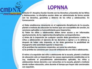 Artículo 57. Disciplina Escolar Acorde con los Derechos y Garantías de los Niños
y Adolescentes. La disciplina escolar debe ser administrada de forma acorde
con los derechos, garantitas y deberes de los niños y adolescentes. En
Consecuencia:

a) Debe establecerse claramente en el reglamento disciplinario de la escuela,
plantel o instituto de educación los hechos que son susceptibles de sanción, las
sanciones aplicables y el procedimiento para imponerlas;
b) Todos los niños y adolescentes deben tener acceso y ser informados
oportunamente, de los reglamentos disciplinarios correspondientes;
c) Antes de la imposición de cualquier sanción debe garantizarse a todos los
niños y adolescentes el ejercicio de los derechos a opinar y a la defensa y,
después de haber sido impuesta, se les debe garantizar la posibilidad de
impugnarla ante autoridad superior e imparcial;
d) Se prohíben las sanciones corporales, así como las colectivas;
e) Se prohíbe las sanciones por causa de embarazo de una niña o adolescente;

El retiro o la expulsión del niño o adolescente de la escuela, plantel o instituto
de educación solo se impondrá por las causas expresamente establecidas en la
Ley, mediante el procedimiento administrativo aplicable, los niños y
adolescentes tienen derecho a ser reinscritos en la escuela, plantel o instituto
donde reciben educación, salvo durante el tiempo que hayan sido sancionados
con expulsión.
 