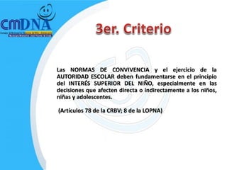 Las NORMAS DE CONVIVENCIA y el ejercicio de la
AUTORIDAD ESCOLAR deben fundamentarse en el principio
del INTERÉS SUPERIOR DEL NIÑO, especialmente en las
decisiones que afecten directa o indirectamente a los niños,
niñas y adolescentes.

(Artículos 78 de la CRBV; 8 de la LOPNA)
 