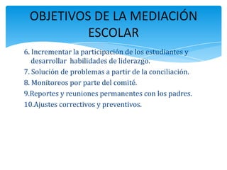 6. Incrementar la participación de los estudiantes y
desarrollar habilidades de liderazgo.
7. Solución de problemas a partir de la conciliación.
8. Monitoreos por parte del comité.
9.Reportes y reuniones permanentes con los padres.
10.Ajustes correctivos y preventivos.
OBJETIVOS DE LA MEDIACIÓN
ESCOLAR
 