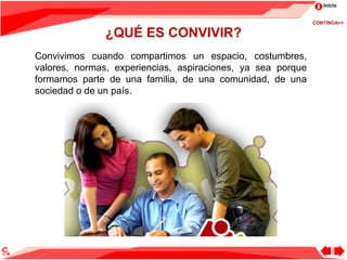 Inicio
¿QUÉ ES CONVIVIR?
Convivimos cuando compartimos un espacio, costumbres,
valores, normas, experiencias, aspiraciones, ya sea porque
formamos parte de una familia, de una comunidad, de una
sociedad o de un país.
CONTINÚA>>
 