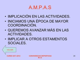 A.M.P.A.S IMPLICACIÓN EN LAS ACTIVIDADES. INICIAMOS UNA ÉPOCA DE MAYOR COORDINACIÓN. QUEREMOS AVANZAR MÁS EN LAS ACTIVIDADES. IMPLICAR A OTROS ESTAMENTOS SOCIALES. VOLVER 