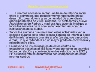 Relación y convivencia escolar Creemos necesario sentar una base de relación social entre el alumnado, que posteriormente repercutirá en su desarrollo, creando una gran comunidad de aprendizaje (participarán más de 2.500 alumnos, 85 profesores y nueve Asociaciones de Padres y madres), que además implique a todos los sectores de la comunidad escolar, así como a instituciones de la ciudad. Todos los alumnos que realizarán estas actividades van a coincidir durante siete años (desde Tercero de Infantil a Sexto de Primaria) al menos una vez al año (en algunos casos dos o más), lo que redundará en un mayor grado de convivencia y relación entre ellos. La mayoría de los estudiantes de estos centros se encuentran adscritos al IES Ítaca y que por tanto su actividad futura de relación y convivencia en los estudios de la ESO y FP o Bachillerato se desarrollará con compañeros de estos mismos centros 