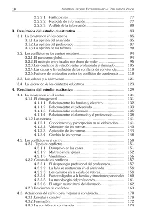 10 ARARTEKO. INFORME EXTRAORDINARIO AL PARLAMENTO VASCO
2.2.2.1. Participantes ........................................................ 77
2.2.2.2. Recogida de información....................................... 77
2.2.2.3. Análisis de la información...................................... 80
3. Resultados del estudio cuantitativo ................................................. 83
3.1. La convivencia en los centros ......................................................... 85
3.1.1.La opinión del alumnado...................................................... 85
3.1.2.La opinión del profesorado................................................... 87
3.1.3.La opinión de las familias ..................................................... 90
3.2. Los conﬂictos en los centros escolares............................................. 94
3.2.1.El panorama global.............................................................. 94
3.2.2.El maltrato entre iguales por abuso de poder ......................... 95
3.2.3.Los conﬂictos de relación entre profesorado y alumnado ......... 105
3.2.4.Las causas y la resolución de los conﬂictos de convivencia ....... 110
3.2.5.Factores de protección contra los conﬂictos de convivencia ..... 118
3.3. Los valores y la convivencia ........................................................... 121
3.4. La valoración de los contextos educativos........................................ 123
4. Resultados del estudio cualitativo ................................................... 129
4.1. La convivencia en el centro............................................................ 131
4.1.1.El clima general ................................................................... 131
4.1.1.1. Relación entre las familias y el centro ..................... 132
4.1.1.2. Relación entre el profesorado ................................ 133
4.1.1.3. Relación entre el alumnado ................................... 135
4.1.1.4. Relación entre el alumnado y el profesorado ........... 138
4.1.2.Las normas......................................................................... 141
4.1.2.1. Conocimiento y participación en su elaboración...... 141
4.1.2.2. Valoración de las normas ...................................... 143
4.1.2.3. Aplicación de las normas....................................... 144
4.1.2.4. Cambio de las normas .......................................... 148
4.2. Los conﬂictos en el centro.............................................................. 150
4.2.1. Tipos de conﬂictos.............................................................. 151
4.2.1.1. Disrupción en las clases......................................... 151
4.2.1.2. Maltrato entre iguales............................................ 152
4.2.1.3. Vandalismo .......................................................... 156
4.2.2.Causas de los conﬂictos........................................................ 157
4.2.2.1. El desprestigio profesional del profesorado.............. 157
4.2.2.2. La falta de motivación en el alumnado.................... 158
4.2.2.3. Los cambios en la escala de valores........................ 158
4.2.2.4. Factores ligados a la familia y situaciones personales 160
4.2.2.5. La metodología del profesorado............................. 161
4.2.2.6. El origen multicultural del alumnado ....................... 162
4.2.3.Resolución de conﬂictos ....................................................... 163
4.3. Actuaciones del centro para mejorar la convivencia.......................... 170
4.3.1.Enseñar a convivir ............................................................... 170
4.3.2.Formación .......................................................................... 172
4.3.3.La comisión de convivencia .................................................. 174
 