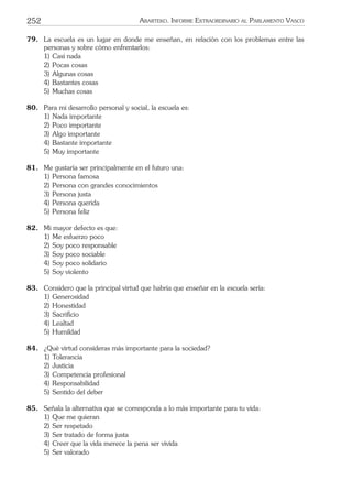 252 ARARTEKO. INFORME EXTRAORDINARIO AL PARLAMENTO VASCO
79. La escuela es un lugar en donde me enseñan, en relación con los problemas entre las
personas y sobre cómo enfrentarlos:
1) Casi nada
2) Pocas cosas
3) Algunas cosas
4) Bastantes cosas
5) Muchas cosas
80. Para mi desarrollo personal y social, la escuela es:
1) Nada importante
2) Poco importante
3) Algo importante
4) Bastante importante
5) Muy importante
81. Me gustaría ser principalmente en el futuro una:
1) Persona famosa
2) Persona con grandes conocimientos
3) Persona justa
4) Persona querida
5) Persona feliz
82. Mi mayor defecto es que:
1) Me esfuerzo poco
2) Soy poco responsable
3) Soy poco sociable
4) Soy poco solidario
5) Soy violento
83. Considero que la principal virtud que habría que enseñar en la escuela sería:
1) Generosidad
2) Honestidad
3) Sacriﬁcio
4) Lealtad
5) Humildad
84. ¿Qué virtud consideras más importante para la sociedad?
1) Tolerancia
2) Justicia
3) Competencia profesional
4) Responsabilidad
5) Sentido del deber
85. Señala la alternativa que se corresponda a lo más importante para tu vida:
1) Que me quieran
2) Ser respetado
3) Ser tratado de forma justa
4) Creer que la vida merece la pena ser vivida
5) Ser valorado
 