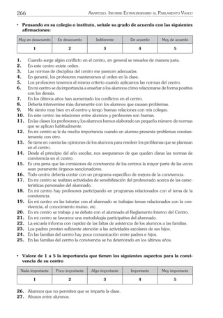 266 ARARTEKO. INFORME EXTRAORDINARIO AL PARLAMENTO VASCO
• Pensando en su colegio o instituto, señale su grado de acuerdo con las siguientes
aﬁrmaciones:
Muy en desacuerdo En desacuerdo Indiferente De acuerdo Muy de acuerdo
1 2 3 4 5
1. Cuando surge algún conﬂicto en el centro, en general se resuelve de manera justa.
2. En este centro existe orden.
3. Las normas de disciplina del centro me parecen adecuadas.
4. En general, los profesores mantenemos el orden en la clase.
5. Los profesores tenemos el mismo criterio cuando aplicamos las normas del centro.
6. En mi centro se da importancia a enseñar a los alumnos cómo relacionarse de forma positiva
con los demás.
7. En los últimos años han aumentado los conﬂictos en el centro.
8. Debería intervenirse más duramente con los alumnos que causan problemas.
9. Me siento muy bien en el centro y tengo buenas relaciones con mis colegas.
10. En este centro las relaciones entre alumnos y profesores son buenas.
11. En las clases los profesores y los alumnos hemos elaborado un pequeño número de normas
que se aplican habitualmente.
12. En mi centro se le da mucha importancia cuando un alumno presenta problemas constan-
temente con otro.
13. Se tiene en cuenta las opiniones de los alumnos para resolver los problemas que se plantean
en el centro.
14. Desde el principio del año escolar, nos aseguramos de que queden claras las normas de
convivencia en el centro.
15. Es una pena que las comisiones de convivencia de los centros la mayor parte de las veces
sean puramente órganos sancionadores.
16. Todo centro debería contar con un programa especíﬁco de mejora de la convivencia.
17. En mi centro se realizan actividades de sensibilización del profesorado acerca de las carac-
terísticas personales del alumnado.
18. En mi centro hay profesores participando en programas relacionados con el tema de la
convivencia.
19. En mi centro en las tutorías con el alumnado se trabajan temas relacionados con la con-
vivencia, el conocimiento mutuo, etc.
20. En mi centro se trabaja y se debate con el alumnado el Reglamento Interno del Centro.
21. En mi centro se favorece una metodología participativa del alumnado.
22. La escuela informa con rapidez de las faltas de asistencia de los alumnos a las familias.
23. Los padres prestan suﬁciente atención a las actividades escolares de sus hijos.
24. En las familias del centro hay poca comunicación entre padres e hijos.
25. En las familias del centro la convivencia se ha deteriorado en los últimos años.
• Valore de 1 a 5 la importancia que tienen los siguientes aspectos para la convi-
vencia de su centro
Nada importante Poco importante Algo importante Importante Muy importante
1 2 3 4 5
26. Alumnos que no permiten que se imparta la clase.
27. Abusos entre alumnos.
 