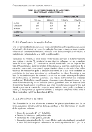 75CONVIVENCIA Y CONFLICTOS EN LOS CENTROS EDUCATIVOS
TABLA 2.5. DISTRIBUCIÓN FINAL DE LA MUESTRA.
PROFESORADO Y DIRECTORES/AS
PROFESORADO DIRECTORES/AS
PÚBLICA PRIVADA PÚBLICA PRIVADA
ÁLAVA 64 116 3 7
GIPUZKOA 203 260 11 18
BIZKAIA 267 347 15 26
SUBTOTAL 534 723 29 51
TOTAL 1.257 80
2.1.2.3. Procedimiento de recogida de datos
Una vez construidos los instrumentos y seleccionados los centros participantes, desde
la institución del Ararteko se convocó a todos los directores y directoras a una reunión,
celebrada en cada territorio histórico, en la que se les explicó el objetivo del estudio, la
metodología y el calendario, y se pidió su colaboración.
Después de esa reunión, se envió a cada centro una caja con todo el material necesario
para realizar el estudio: 50 cuestionarios para alumnos y alumnas con sus respectivas
hojas de lectora óptica, 20 cuestionarios para el profesorado con sus hojas de lec-
tora, 50 cuestionarios para las familias de los alumnos y alumnas a quienes se iba a
encuestar, y un cuestionario para el equipo directivo. Junto a este material se incluía
una hoja de instrucciones para la dirección del centro, en la que se le recordaba los
colectivos a los que había que aplicar los cuestionarios y los plazos de entrega, y otra
hoja de instrucciones para los tutores/docentes que se fueran a encargar de aplicar
los cuestionarios a los alumnos y alumnas. Esta hoja de instrucciones (que se recoge
en el Anexo III) detallaba especíﬁcamente cómo responder a los cuestionarios en las
hojas de lectora óptica y en ella había un párrafo que debían leer a los alumnos antes
de comenzar la aplicación con el ﬁn de que estos entendieran adecuadamente a qué
tipo de agresiones se referían las preguntas sobre maltrato entre iguales por abuso de
poder y lo distinguieran de agresiones aisladas. El trabajo de campo se realizó entre el
21 de noviembre y el 10 de diciembre de 2005.
2.1.2.4. Procedimiento de análisis
Para la realización de este informe se extrajeron los porcentajes de respuesta de los
ítems, agrupados por dimensiones. Estos porcentajes se han diferenciado en función
de las siguientes variables:
• Curso del alumnado: 2º y 4º de la ESO.
• Género del alumnado y del profesorado.
• Titularidad del centro: público, privado.
• Contexto sociocultural medio del centro: El nivel sociocultural del centro se calculó
a partir de los datos que de cada uno de los alumnos y alumnas de 2º y 4º de la
 