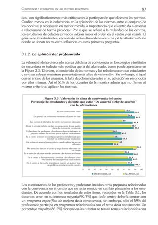 87CONVIVENCIA Y CONFLICTOS EN LOS CENTROS EDUCATIVOS
dos, son signiﬁcativamente más críticos con la participación que el centro les permite.
Confían menos en la coherencia en la aplicación de las normas entre el conjunto de
los docentes y reconocen en menor medida la importancia que el centro da a enseñar
a relacionarse de forma prosocial. Por lo que se reﬁere a la titularidad de los centros,
los estudiantes de colegios privados valoran mejor el orden en el centro y en el aula. El
género de los estudiantes, el contexto sociocultural de los centros y el territorio histórico
donde se ubican no muestra inﬂuencia en estas primeras preguntas.
3.1.2. La opinión del profesorado
La valoración del profesorado acerca del clima de convivencia en los colegios e institutos
de secundaria es todavía más positiva que la del alumnado, como puede apreciarse en
la Figura 3.3. El orden, el contenido de las normas y las relaciones con sus estudiantes
y con sus colegas muestran porcentajes más altos de valoración. Sin embargo, al igual
que en el caso de los alumnos, la falta de coherencia entre en su actuación es reconocida
por ellos mismos. Así el 51% de los docentes de la muestra admite que no tienen el
mismo criterio al aplicar las normas.
88,3
75,8
84,3
77,6
86,5
71,4
86,1
92,3
51,4
62
67,4
52,8
65,9
50,3
87,3
82,7
85,4
68
89,3
76,6
88,4
72,4
0 10 20 30 40 50 60 70 80 90 100
En este centro existe orden
En general, los profesores mantienen el orden en clase
Las normas de disciplina del centro me parecen adecuadas
Desde el principio del a–o escolar, nos aseguramos de que queden
claras las normas de convivencia
En las clases, los profesores y los alumnos hemos elaborado un
peque–o nœmero de normas que se aplican habitualmente
En el centro se tienen en cuenta las opiniones del alumnado para
resolver los problemas que se plantean
Los profesores tienen el mismo criterio cuando aplican las normas
del centro
Me siento muy bien en el centro y tengo buenas relaciones con
los colegas
En el centro las relaciones entre los profesores y los alumnos son buenas
En el centro se da importancia a ense–ar a los alumnos c—mo
relacionarse de forma positiva con los dem‡s
En el centro se da mucha importancia cuando un alumno tiene
un problema constantemente con otro
PROFESORES/AS ALUMNOS/AS
Figura 3.3. Valoraci—n del clima de convivencia del centro.
Porcentaje de estudiantes y docentes que est‡n ÒDe acuerdo o Muy de acuerdoÓ
con las afirmaciones
Los cuestionarios de los profesores y profesoras incluían otras preguntas relacionadas
con la convivencia en el centro que no tenía sentido en cambio plantearles a los estu-
diantes. De acuerdo con los resultados de estos ítems, recogidos en la Tabla 3.1, los
docentes creen en su inmensa mayoría (90,7%) que todo centro debería contar con
un programa especíﬁco de mejora de la convivencia, sin embargo, sólo el 59% del
profesorado participa en programas relacionados con el tema de la convivencia. Un
porcentaje muy alto (86,2%) dice que en las tutorías se tratan temas relacionados con
 