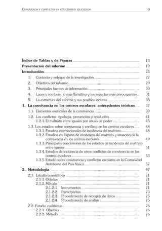9CONVIVENCIA Y CONFLICTOS EN LOS CENTROS EDUCATIVOS
Índice de Tablas y de Figuras ................................................................ 13
Presentación del informe ....................................................................... 19
Introducción............................................................................................ 25
1. Contexto y enfoque de la investigación............................................ 27
2. Objetivos del informe..................................................................... 29
3. Principales fuentes de información.................................................. 30
4. Luces y sombras: lo más llamativo y los aspectos más preocupantes .. 31
5. La estructura del informe y sus posibles lecturas............................... 35
1. La convivencia en los centros escolares: antecedentes teóricos .... 37
1.1. Elementos esenciales de la convivencia............................................ 39
1.2. Los conﬂictos: tipología, prevención y resolución ............................. 41
1.2.1.El maltrato entre iguales por abuso de poder.......................... 45
1.3. Los estudios sobre convivencia y conﬂicto en los centros escolares ..... 48
1.3.1.Estudios internacionales de incidencia del maltrato.................. 48
1.3.2.Estudios en España de incidencia del maltrato y situación de la
convivencia en los centros escolares. ..................................... 49
1.3.3.Principales conclusiones de los estudios de incidencia del maltrato
entre iguales........................................................................ 51
1.3.4.Estudios de incidencia de otros conﬂictos de convivencia en los
centros escolares ................................................................. 53
1.3.5.Estudio sobre convivencia y conﬂictos escolares en la Comunidad
Autónoma del País Vasco ..................................................... 57
2. Metodología ..................................................................................... 67
2.1. Estudio cuantitativo ....................................................................... 71
2.1.1.Objetivo.............................................................................. 71
2.1.2.Método............................................................................... 71
2.1.2.1. Instrumentos ........................................................ 71
2.1.2.2. Participantes ........................................................ 73
2.1.2.3. Procedimiento de recogida de datos ....................... 75
2.1.2.4. Procedimiento de análisis ...................................... 75
2.2. Estudio cualitativo .......................................................................... 76
2.2.1. Objetivo ............................................................................. 76
2.2.2. Método .............................................................................. 76
 