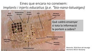 Eines que encara no coneixem:
Implants i injerts educatius (p.e. “bio-nano-tatuatges)
Motorola: 2014 Parts del tatuatge
electrònic MC10 Biostamphttp://i.dailymail.co.uk/i/pix/2013/05/30/article-2333203-1A10994F000005DC-826_634x424.jpg
Què caldrà ensenyar
si tota la informació
la portem a sobre?
 