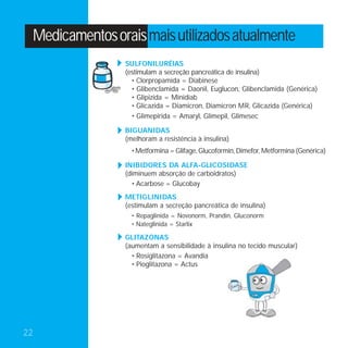 Medicamentos orais mais utilizados atualmente
                SULFONILURÉIAS
                (estimulam a secreção pancreática de insulina)
                  • Clorpropamida = Diabinese
                  • Glibenclamida = Daonil, Euglucon, Glibenclamida (Genérica)
                  • Glipizida = Minidiab
                  • Glicazida = Diamicron, Diamicron MR, Glicazida (Genérica)
                  • Glimepirida = Amaryl, Glimepil, Glimesec

                BIGUANIDAS
                (melhoram a resistência à insulina)
                  • Metformina = Glifage, Glucoformin, Dimefor, Metformina (Genérica)

                INIBIDORES DA ALFA-GLICOSIDASE
                (diminuem absorção de carboidratos)
                  • Acarbose = Glucobay
                METIGLINIDAS
                (estimulam a secreção pancreática de insulina)
                  • Repaglinida = Novonorm, Prandin, Gluconorm
                  • Nateglinida = Starlix

                GLITAZONAS
                (aumentam a sensibilidade à insulina no tecido muscular)
                  • Rosiglitazona = Avandia
                  • Pioglitazona = Actus




22
 