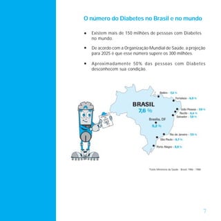 O número do Diabetes no Brasil e no mundo

•   Existem mais de 150 milhões de pessoas com Diabetes
    no mundo.

•   De acordo com a Organização Mundial de Saúde, a projeção
    para 2025 é que esse número supere os 300 milhões.

•   Aproximadamente 50% das pessoas com Diabetes
    desconhecem sua condição.




                                *Fonte Ministério da Saúde - Brasil, 1986 - 1988




                                                                                   7
 