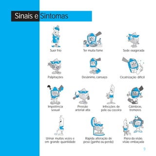 Sinais e Sintomas



            Suor frio               Ter muita fome                 Sede exagerada




           Palpitações             Desânimo, cansaço          Cicatrização difícil




           Impotência           Pressão           Infecções de         Câimbras,
             sexual           arterial alta      pele ou coceira       tremores




          Urinar muitas vezes e       Rápida alteração de           Piora da visão,
         em grande quantidade        peso (ganho ou perda)         visão embaçada

                                                                                   9
 