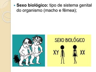  Sexo biológico: tipo de sistema genital
do organismo (macho e fêmea);
 