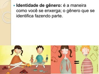  Identidade de gênero: é a maneira
como você se enxerga; o gênero que se
identifica fazendo parte.
 