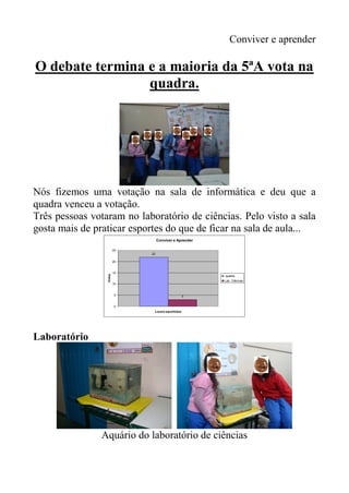 Conviver e aprender

O debate termina e a maioria da 5ªA vota na
                 quadra.




Nós fizemos uma votação na sala de informática e deu que a
quadra venceu a votação.
Três pessoas votaram no laboratório de ciências. Pelo visto a sala
gosta mais de praticar esportes do que de ficar na sala de aula...
                                   Conviver e Aprender

                         25
                              22

                         20


                         15
                 Votos




                                                         quadra
                                                         Lab. Ciências
                         10


                         5                         3


                         0
                               Locais escolhidos




Laboratório




               Aquário do laboratório de ciências
 