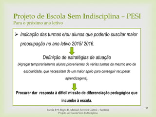 
Escola B+S Bispo D. Manuel Ferreira Cabral – Santana
Projeto de Escola Sem Indisciplina
33
 Indicação das turmas e/ou alunos que poderão suscitar maior
preocupação no ano letivo 2015/ 2016.
Definição de estratégias de atuação
(Agregar temporariamente alunos provenientes de várias turmas do mesmo ano de
escolaridade, que necessitam de um maior apoio para conseguir recuperar
aprendizagens).
Procurar dar resposta à difícil missão de diferenciação pedagógica que
incumbe à escola.
Projeto de Escola Sem Indisciplina – PESI
Para o próximo ano letivo
 