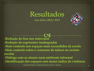 Escola B+S Bispo D. Manuel Ferreira Cabral – Santana 6
-Redução do lixo nos intervalos
-Redução de expressões inadequadas
-Mais controlo nos espaços mais escondidos da escola
-Mais controlo sobre o consumo de tabaco no recinto
escolar
-Diálogo com os alunos num ambiente informal
-Identificação dos espaços com maior índice de violência
 