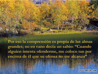 Por eso la comprensión es propia de las almas grandes; no en vano decía un sabio: “Cuando alguien intenta ofenderme, me coloco tan por encima de él que su ofensa no me alcanza” 