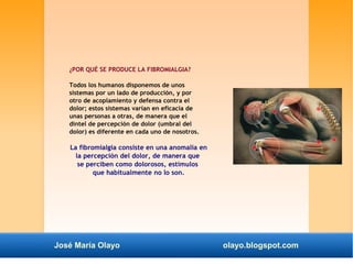 ¿POR QUÉ SE PRODUCE LA FIBROMIALGIA? 
Todos los humanos disponemos de unos 
sistemas por un lado de producción, y por 
otro de acoplamiento y defensa contra el 
dolor; estos sistemas varían en eficacia de 
unas personas a otras, de manera que el 
dintel de percepción de dolor (umbral del 
dolor) es diferente en cada uno de nosotros. 
La fibromialgia consiste en una anomalía en 
la percepción del dolor, de manera que 
se perciben como dolorosos, estímulos 
que habitualmente no lo son. 
José María Olayo olayo.blogspot.com 
 