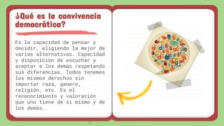 Es la capacidad de pensar y
decidir, eligiendo la mejor de
varias alternativas. Capacidad
y disposición de escuchar y
aceptar a los demás respetando
sus diferencias. Todos tenemos
los mismos derechos sin
importar raza, genero,
religión, etc. Es el
reconocimiento y valoración
que uno tiene de sí mismo y de
los demás.
¿Qué es la convivencia
democrática?
 