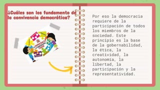 Por eso la democracia
requiere de la
participación de todos
los miembros de la
sociedad. Este
principio es la base
de la gobernabilidad,
la ética, la
creatividad, la
autonomía, la
libertad, la
participación y la
representatividad.
¿Cuáles son los fundamento de
la convivencia democrática?
 