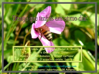 Desejo que tenhas um otimo dia! Pelo espírito: Irmão José. Médium: Carlos A. Baccelli. Livro: Vigiai e Orai. Editora: Didier. Música: Sicilian Romance. / Ernest Cortazar. Rio de Janeiro. RJ. O acaso não existe. Leia Kardec. Formatação:  [email_address] Arquivo de mensagens: robertogenio38.4shared.com 