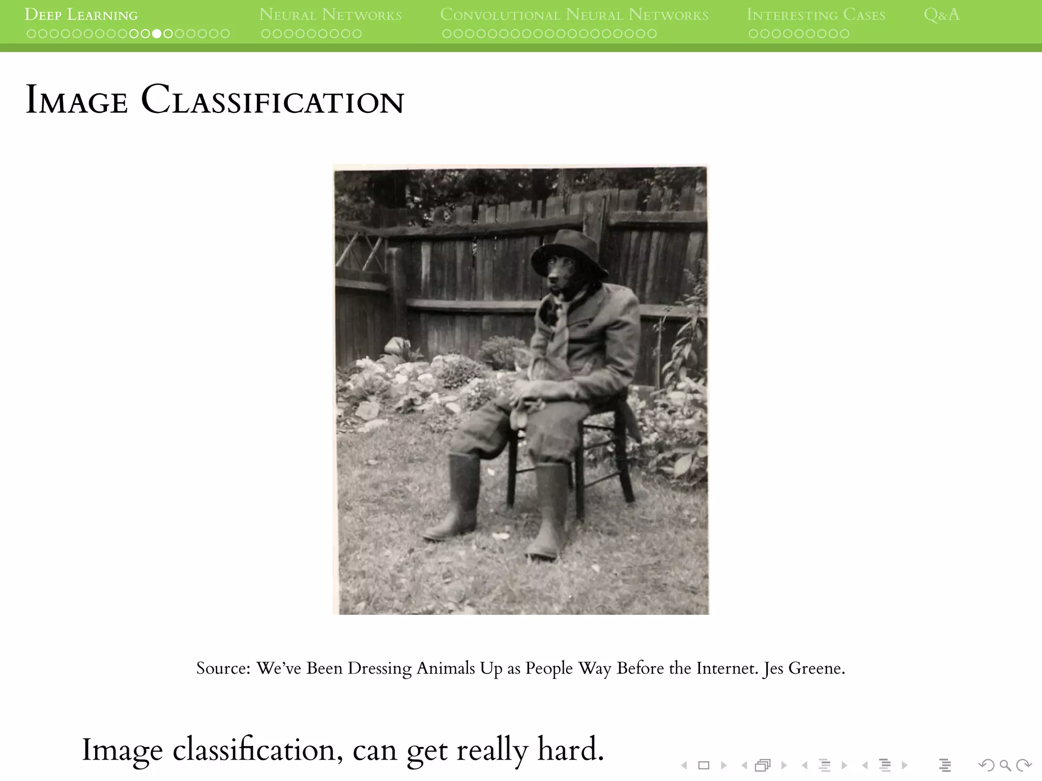DEEP LEARNING NEURAL NETWORKS CONVOLUTIONAL NEURAL NETWORKS INTERESTING CASES Q&A
IMAGE CLASSIFICATION
Source: We’ve Been Dressing Animals Up as People Way Before the Internet. Jes Greene.
Image classiﬁcation, can get really hard.
 