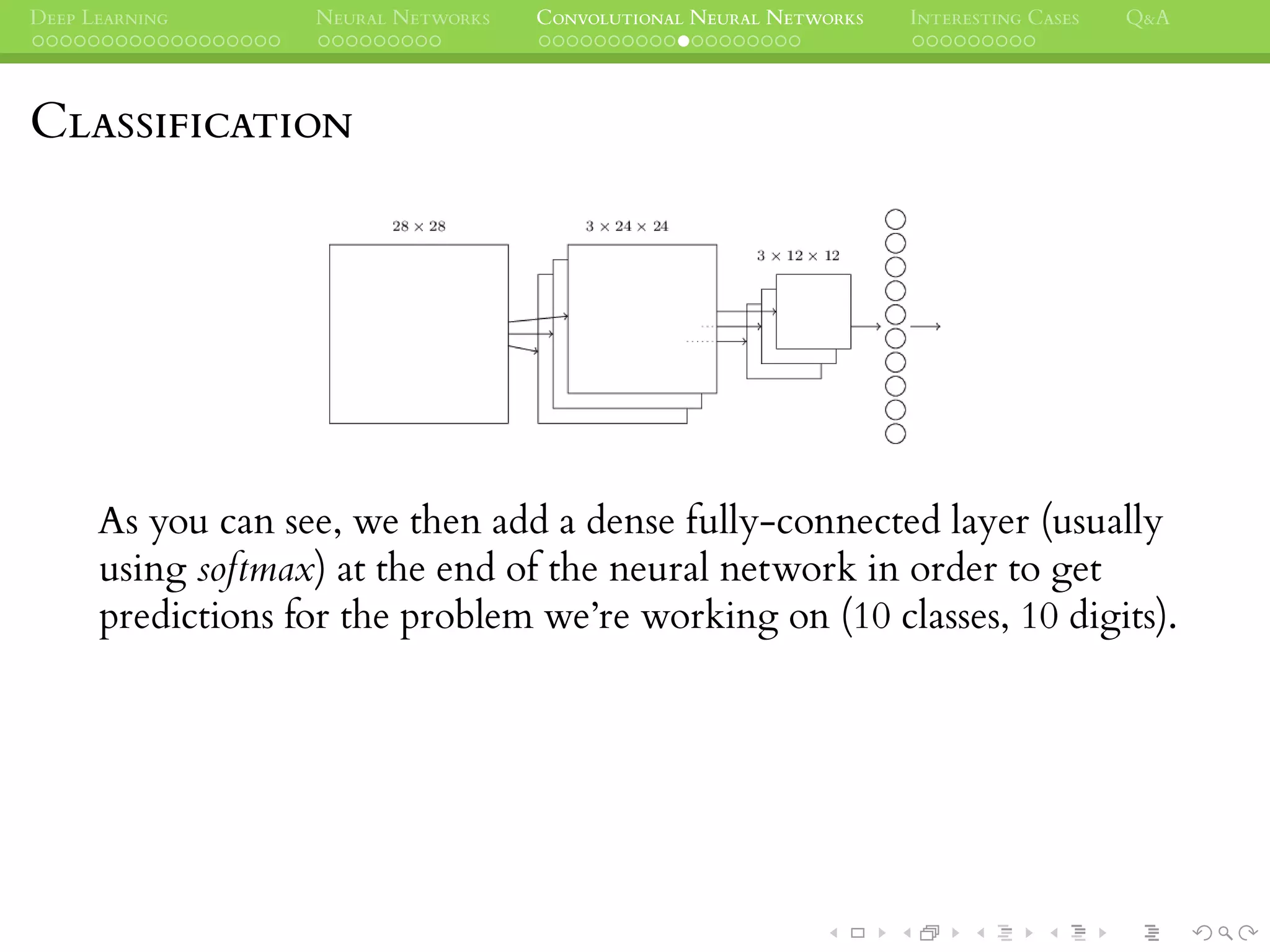 DEEP LEARNING NEURAL NETWORKS CONVOLUTIONAL NEURAL NETWORKS INTERESTING CASES Q&A
CLASSIFICATION
As you can see, we then add a dense fully-connected layer (usually
using softmax) at the end of the neural network in order to get
predictions for the problem we’re working on (10 classes, 10 digits).
 