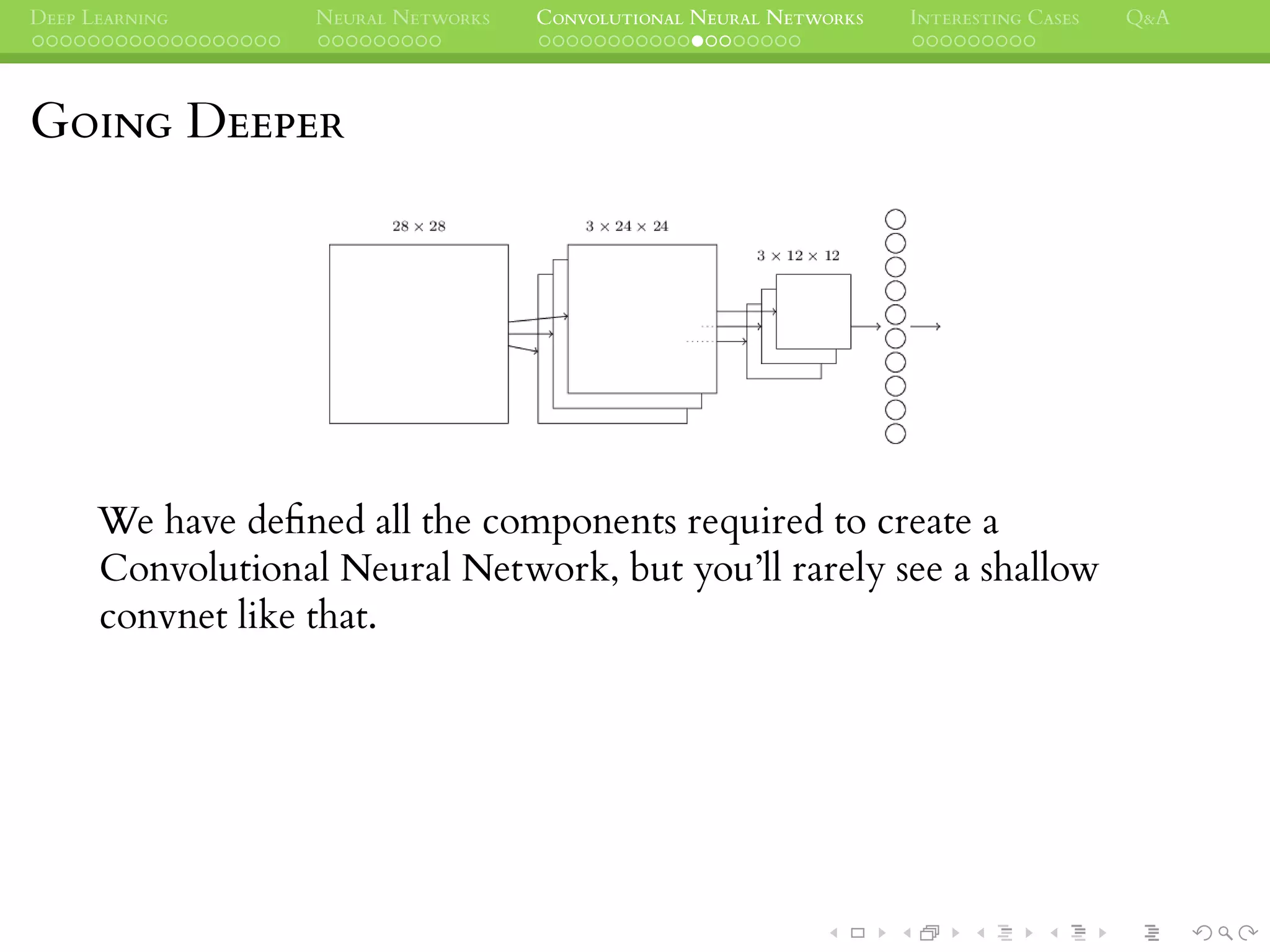 DEEP LEARNING NEURAL NETWORKS CONVOLUTIONAL NEURAL NETWORKS INTERESTING CASES Q&A
GOING DEEPER
We have deﬁned all the components required to create a
Convolutional Neural Network, but you’ll rarely see a shallow
convnet like that.
 