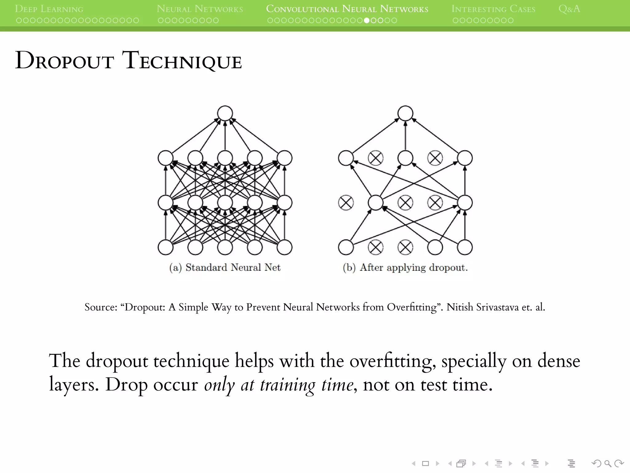 DEEP LEARNING NEURAL NETWORKS CONVOLUTIONAL NEURAL NETWORKS INTERESTING CASES Q&A
DROPOUT TECHNIQUE
Source: “Dropout: A Simple Way to Prevent Neural Networks from Overﬁtting”. Nitish Srivastava et. al.
The dropout technique helps with the overﬁtting, specially on dense
layers. Drop occur only at training time, not on test time.
 