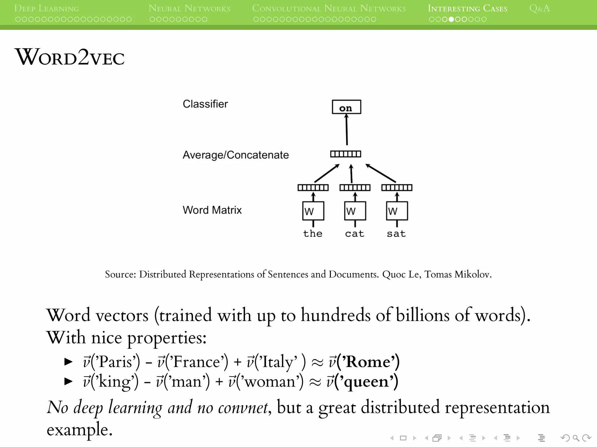 DEEP LEARNING NEURAL NETWORKS CONVOLUTIONAL NEURAL NETWORKS INTERESTING CASES Q&A
WORD2VEC
Source: Distributed Representations of Sentences and Documents. Quoc Le, Tomas Mikolov.
Word vectors (trained with up to hundreds of billions of words).
With nice properties:
v(’Paris’) - v(’France’) + v(’Italy’ ) ≈ v(’Rome’)
v(’king’) - v(’man’) + v(’woman’) ≈ v(’queen’)
No deep learning and no convnet, but a great distributed representation
example.
 
