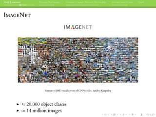 DEEP LEARNING NEURAL NETWORKS CONVOLUTIONAL NEURAL NETWORKS INTERESTING CASES Q&A
IMAGENET
Source: t-SNE visualization of CNN codes. Andrej Karpathy
≈ 20.000 object classes
≈ 14 million images
 