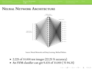 DEEP LEARNING NEURAL NETWORKS CONVOLUTIONAL NEURAL NETWORKS INTERESTING CASES Q&A
NEURAL NETWORK ARCHITECTURE
Source: Neural Networks and Deep Learning. Michael Nielsen.
2.225 of 10.000 test images (22.25 % accuracy)
An SVM classiﬁer can get 9.435 of 10.000 ( % 94.35)
 