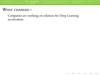 DEEP LEARNING NEURAL NETWORKS CONVOLUTIONAL NEURAL NETWORKS INTERESTING CASES Q&A
WHAT CHANGED ?
Companies are working on solutions for Deep Learning
acceleration:
 