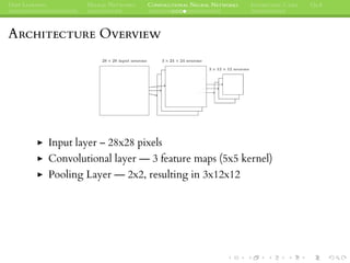 DEEP LEARNING NEURAL NETWORKS CONVOLUTIONAL NEURAL NETWORKS INTERESTING CASES Q&A
ARCHITECTURE OVERVIEW
Input layer – 28x28 pixels
Convolutional layer — 3 feature maps (5x5 kernel)
Pooling Layer — 2x2, resulting in 3x12x12
 