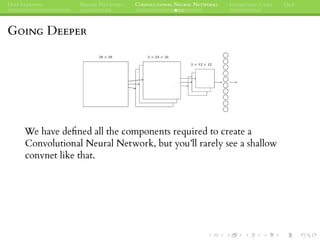 DEEP LEARNING NEURAL NETWORKS CONVOLUTIONAL NEURAL NETWORKS INTERESTING CASES Q&A
GOING DEEPER
We have deﬁned all the components required to create a
Convolutional Neural Network, but you’ll rarely see a shallow
convnet like that.
 