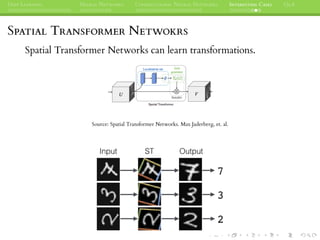DEEP LEARNING NEURAL NETWORKS CONVOLUTIONAL NEURAL NETWORKS INTERESTING CASES Q&A
SPATIAL TRANSFORMER NETWOKRS
Spatial Transformer Networks can learn transformations.
Source: Spatial Transformer Networks. Max Jaderberg, et. al.
 