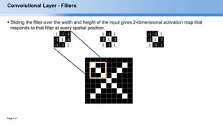 Page  21
1 -1 -1
-1 1 -1
-1 -1 1
-1 -1 1
-1 1 -1
1 -1 -1
1 -1 1
-1 1 -1
1 -1 1
Convolutional Layer - Filters
 Sliding the filter over the width and height of the input gives 2-dimensional activation map that
responds to that filter at every spatial position.
 